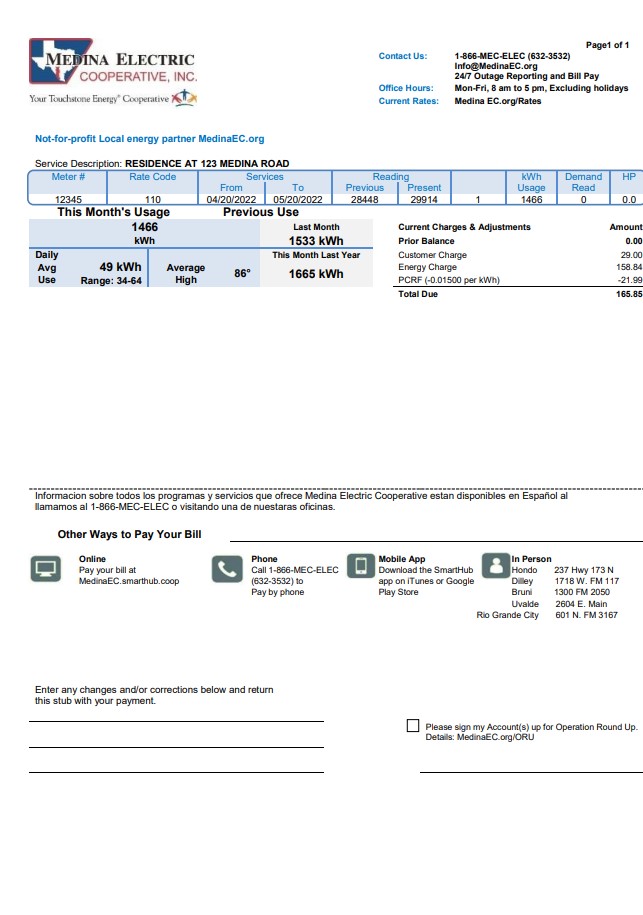 USA Texas Medina Electric utility bill template in Word and PDF format
